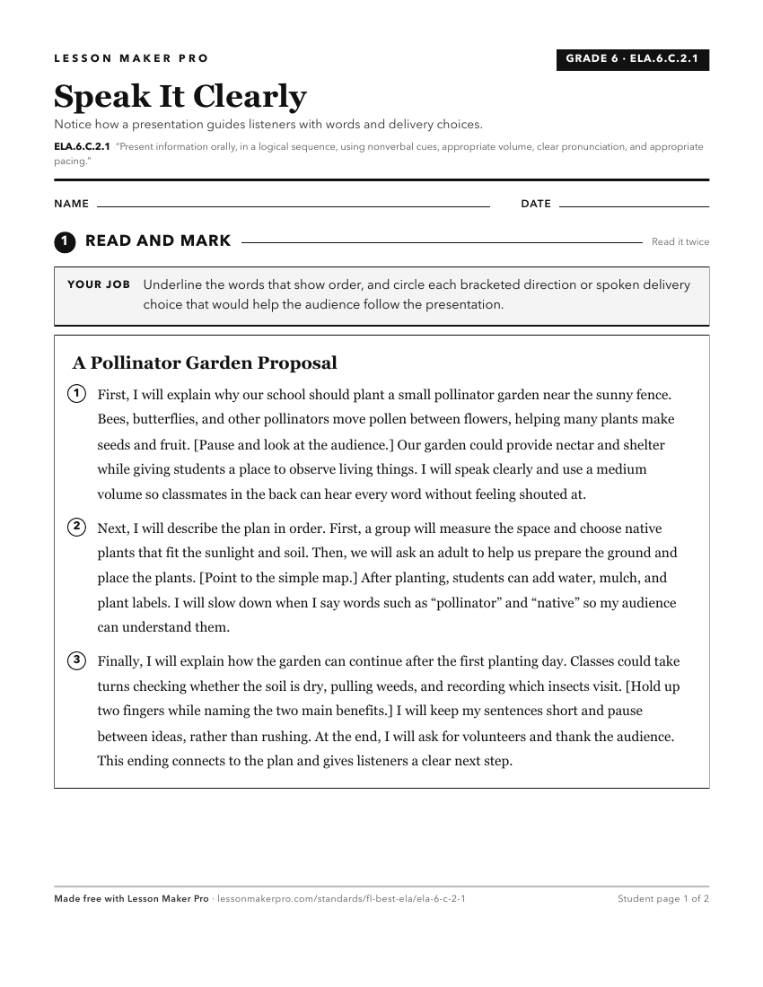 Preview of the ELA.6.C.2.1 printable worksheet