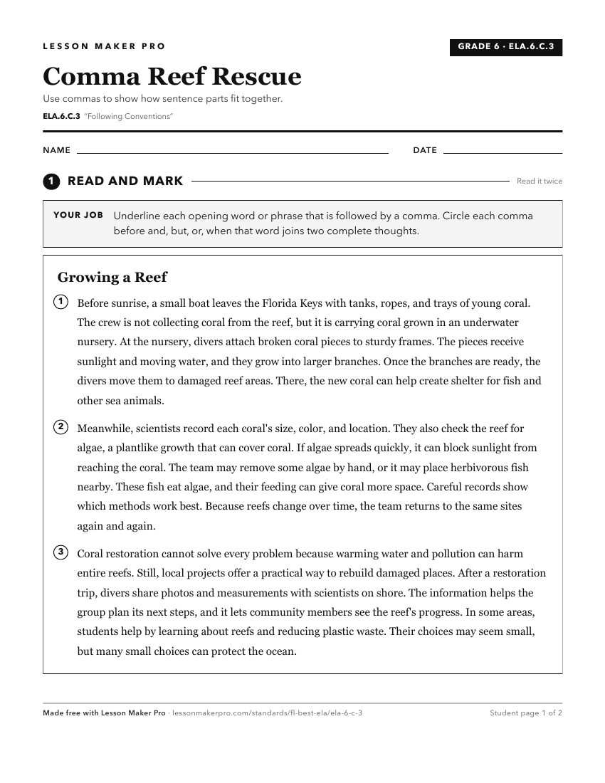 Preview of the ELA.6.C.3 printable worksheet