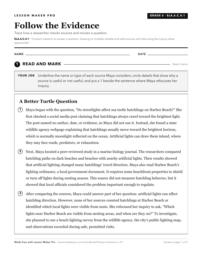 Preview of the ELA.6.C.4.1 printable worksheet