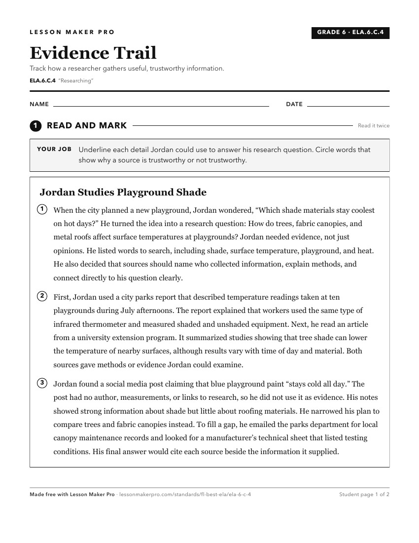 Preview of the ELA.6.C.4 printable worksheet