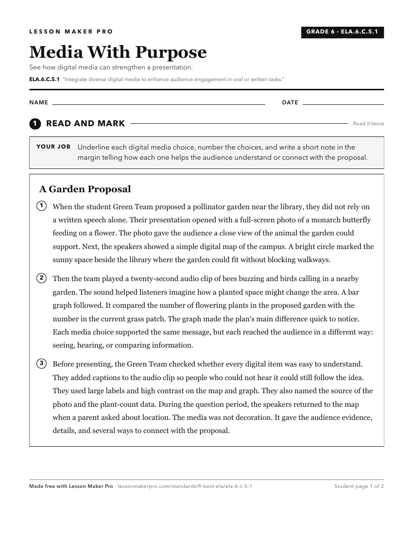 Preview of the ELA.6.C.5.1 printable worksheet