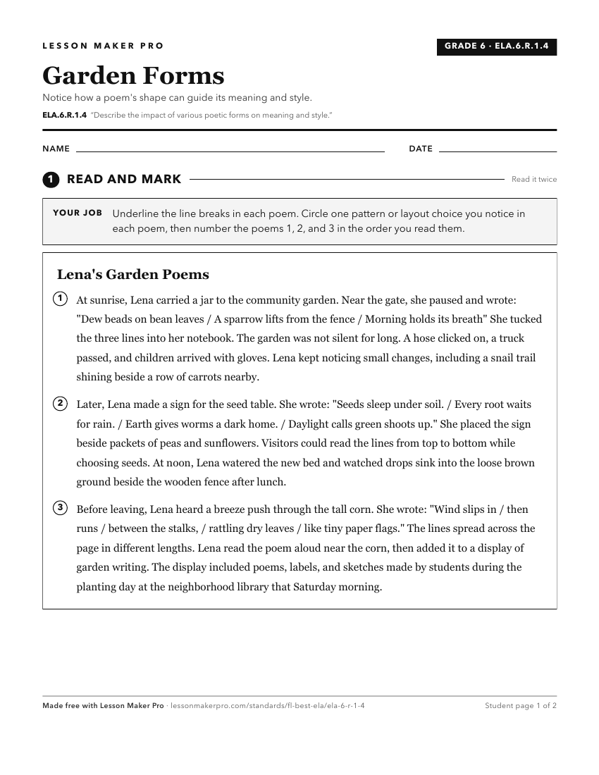 Preview of the ELA.6.R.1.4 printable worksheet