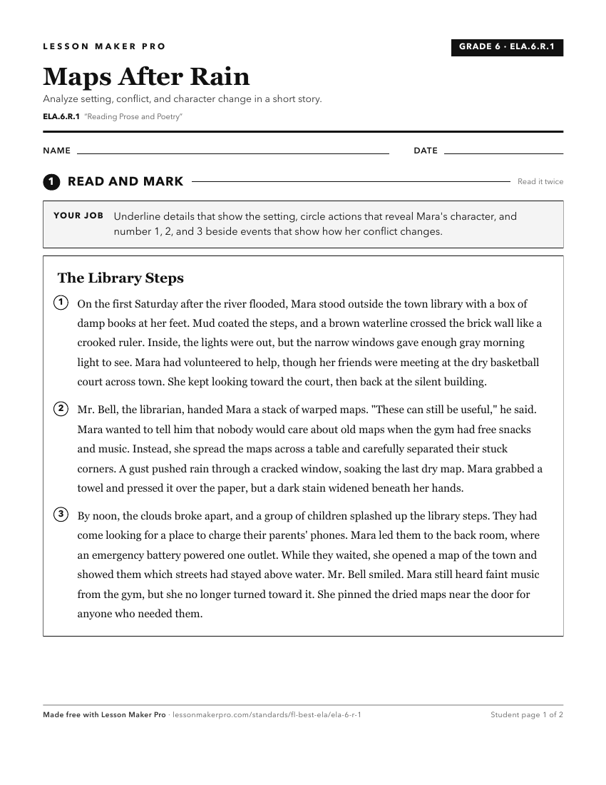 Preview of the ELA.6.R.1 printable worksheet