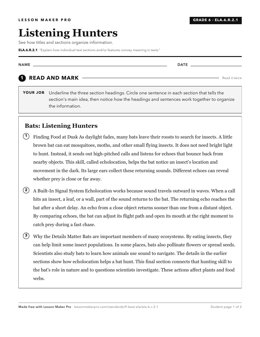 Preview of the ELA.6.R.2.1 printable worksheet