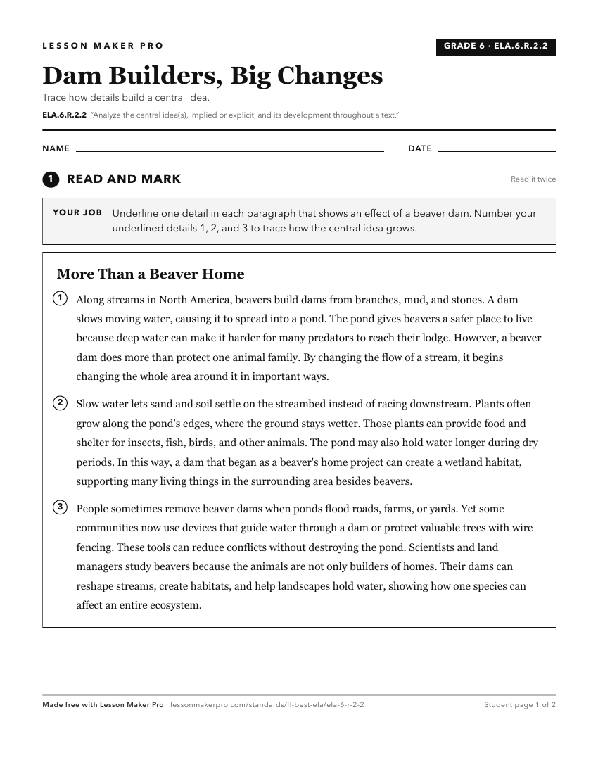 Preview of the ELA.6.R.2.2 printable worksheet