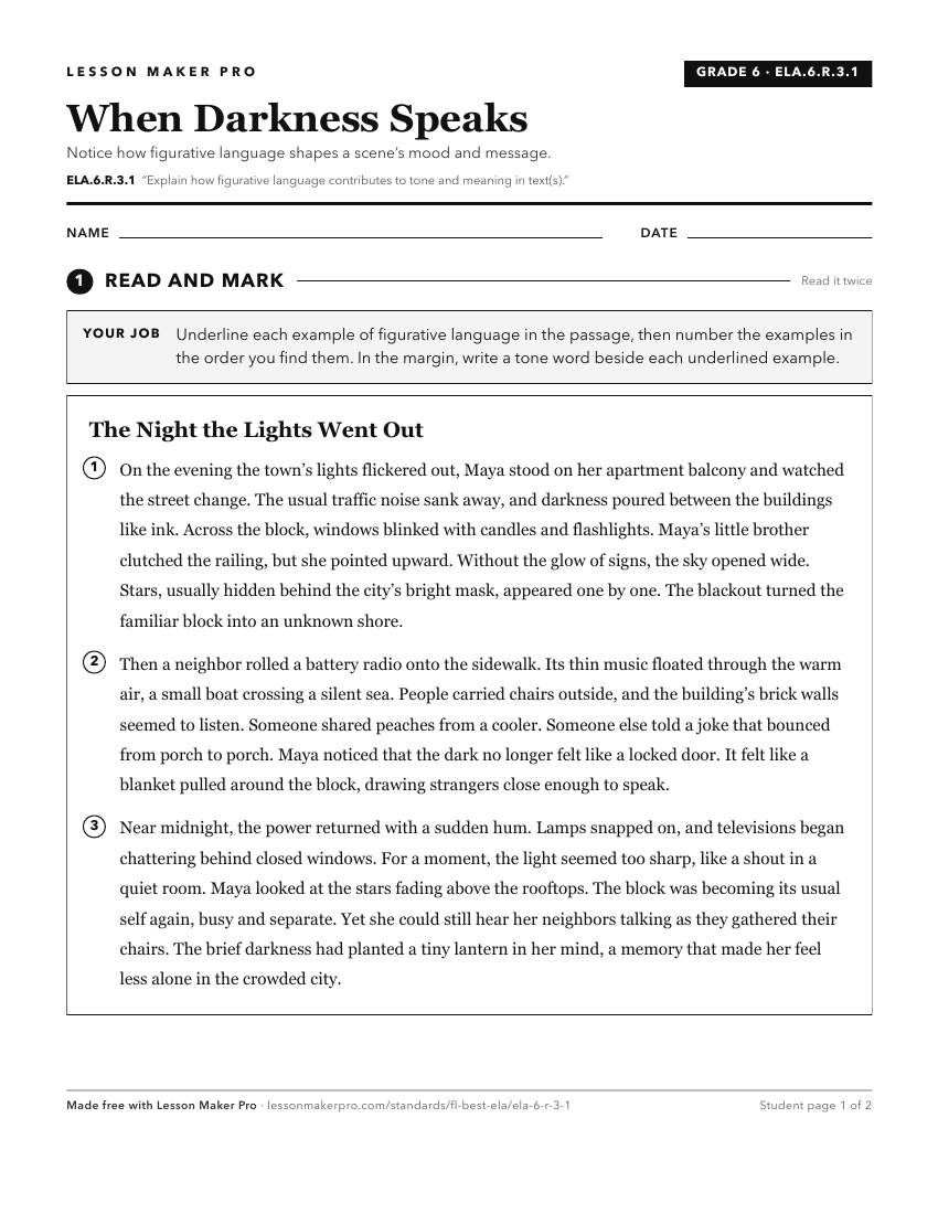 Preview of the ELA.6.R.3.1 printable worksheet