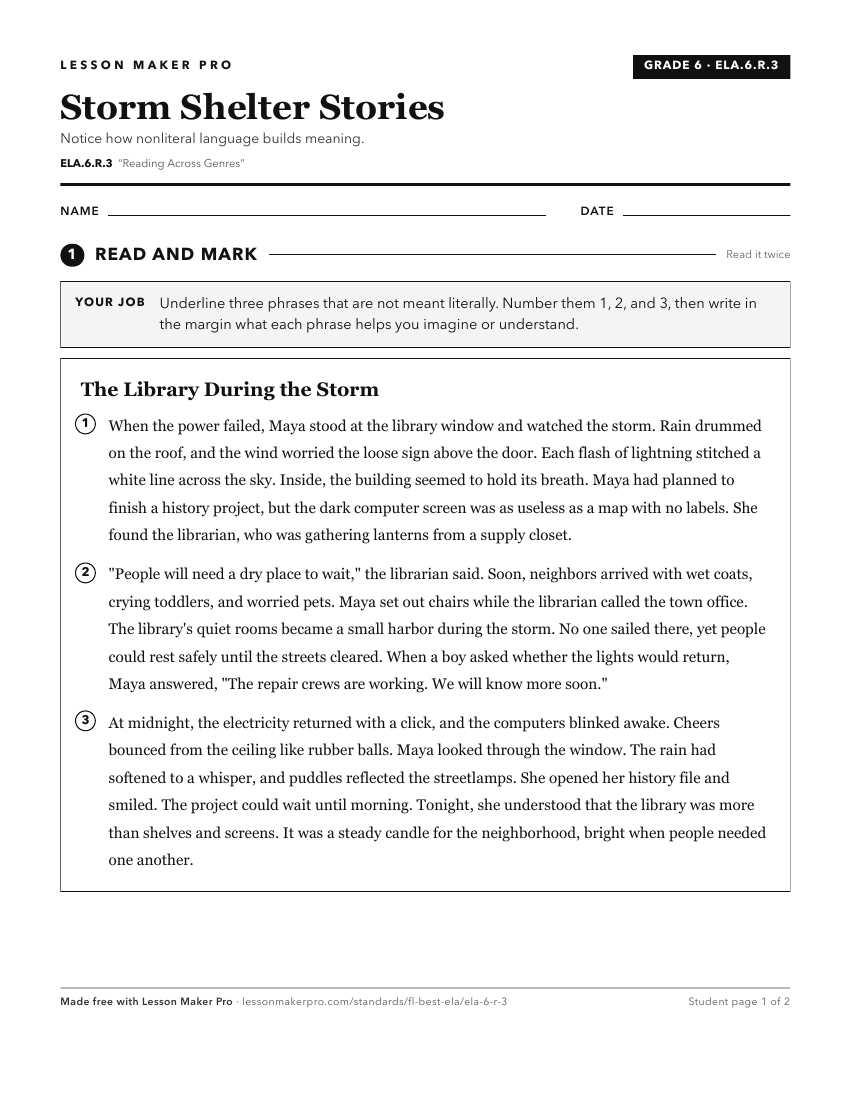 Preview of the ELA.6.R.3 printable worksheet