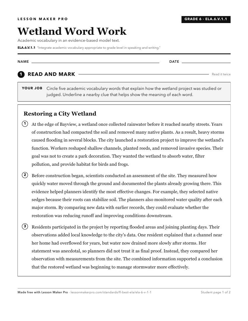 Preview of the ELA.6.V.1.1 printable worksheet