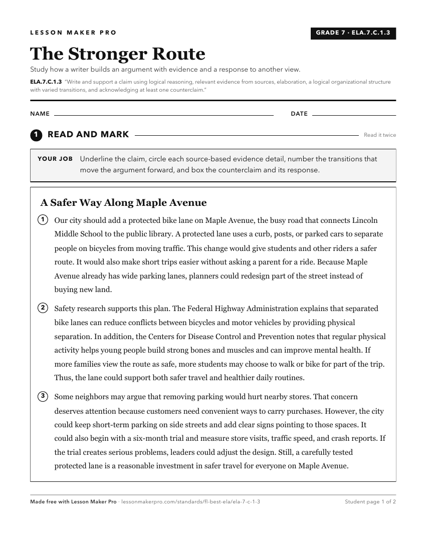 Preview of the ELA.7.C.1.3 printable worksheet
