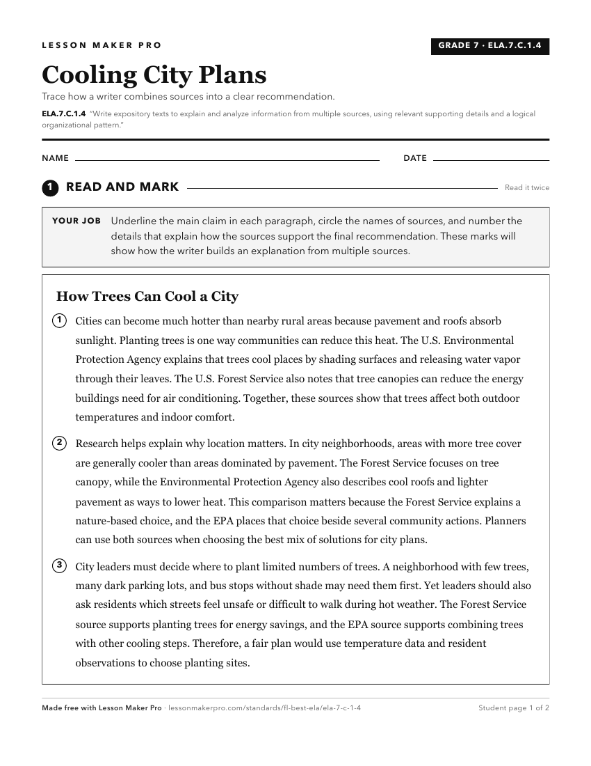 Preview of the ELA.7.C.1.4 printable worksheet
