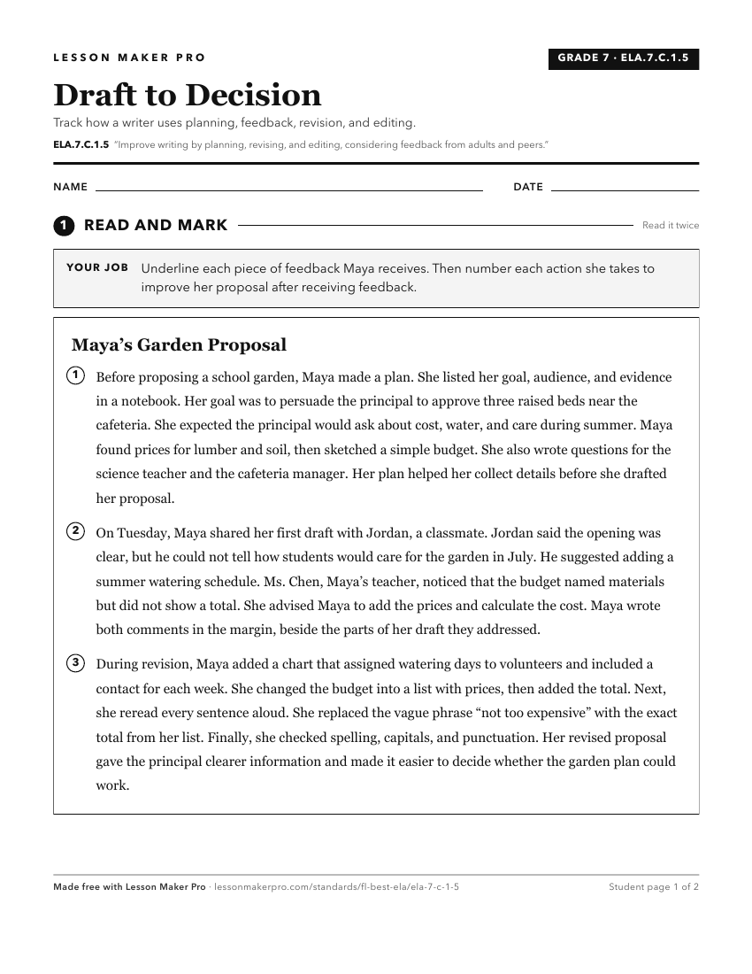 Preview of the ELA.7.C.1.5 printable worksheet