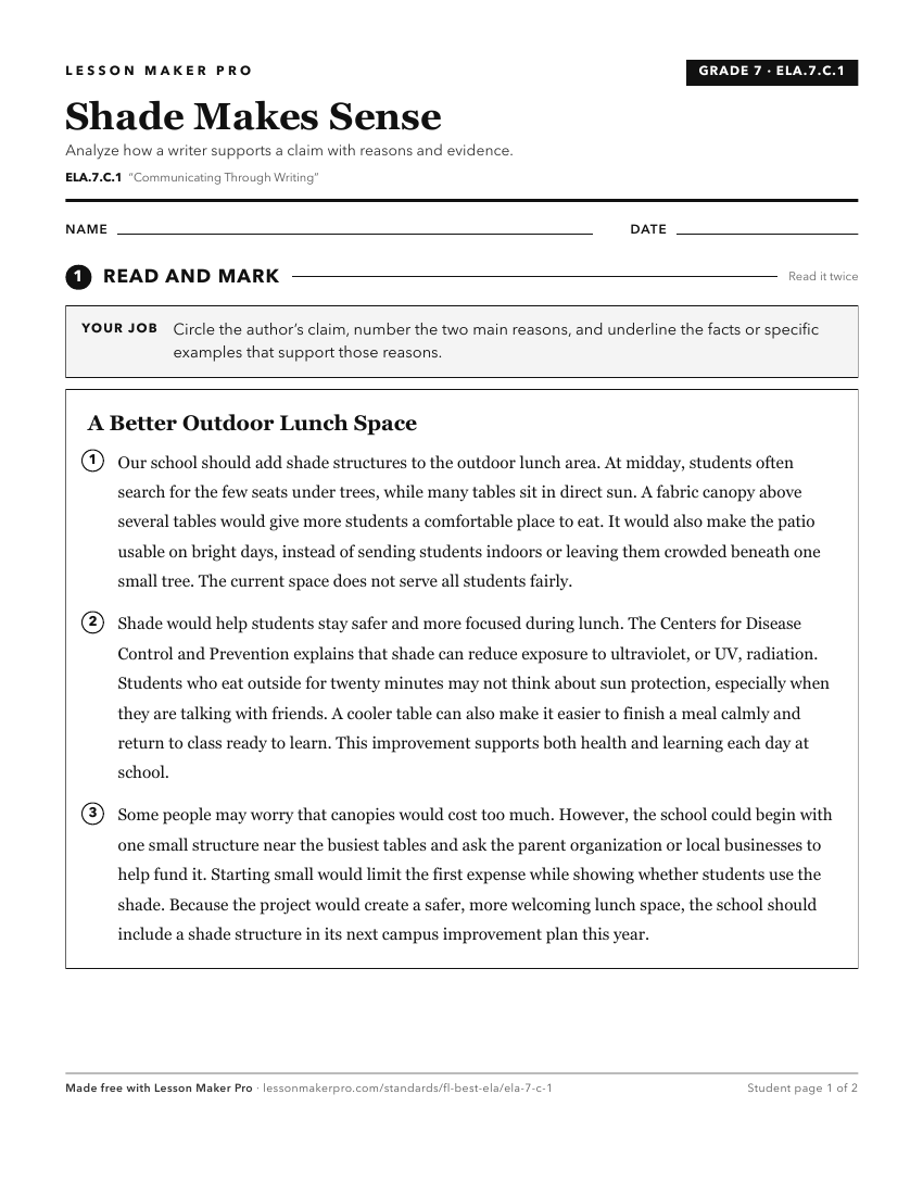 Preview of the ELA.7.C.1 printable worksheet