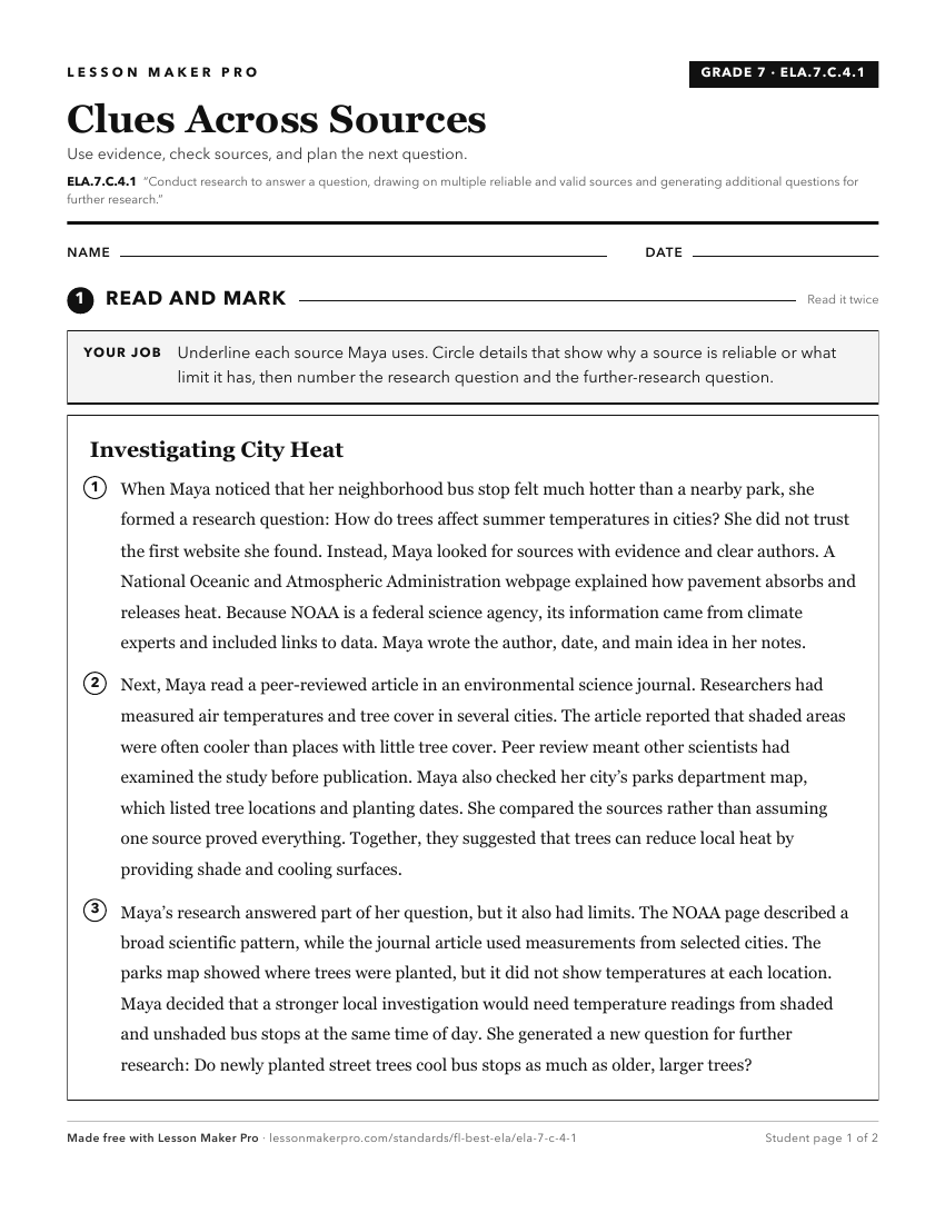 Preview of the ELA.7.C.4.1 printable worksheet