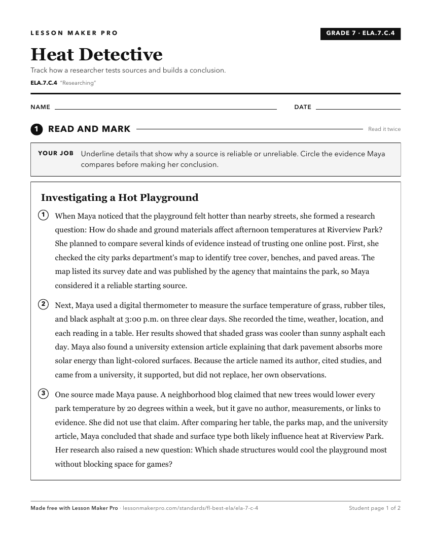 Preview of the ELA.7.C.4 printable worksheet