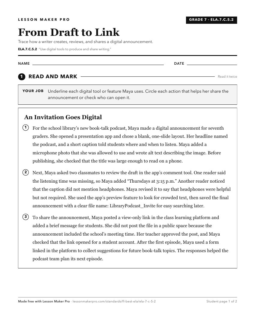 Preview of the ELA.7.C.5.2 printable worksheet