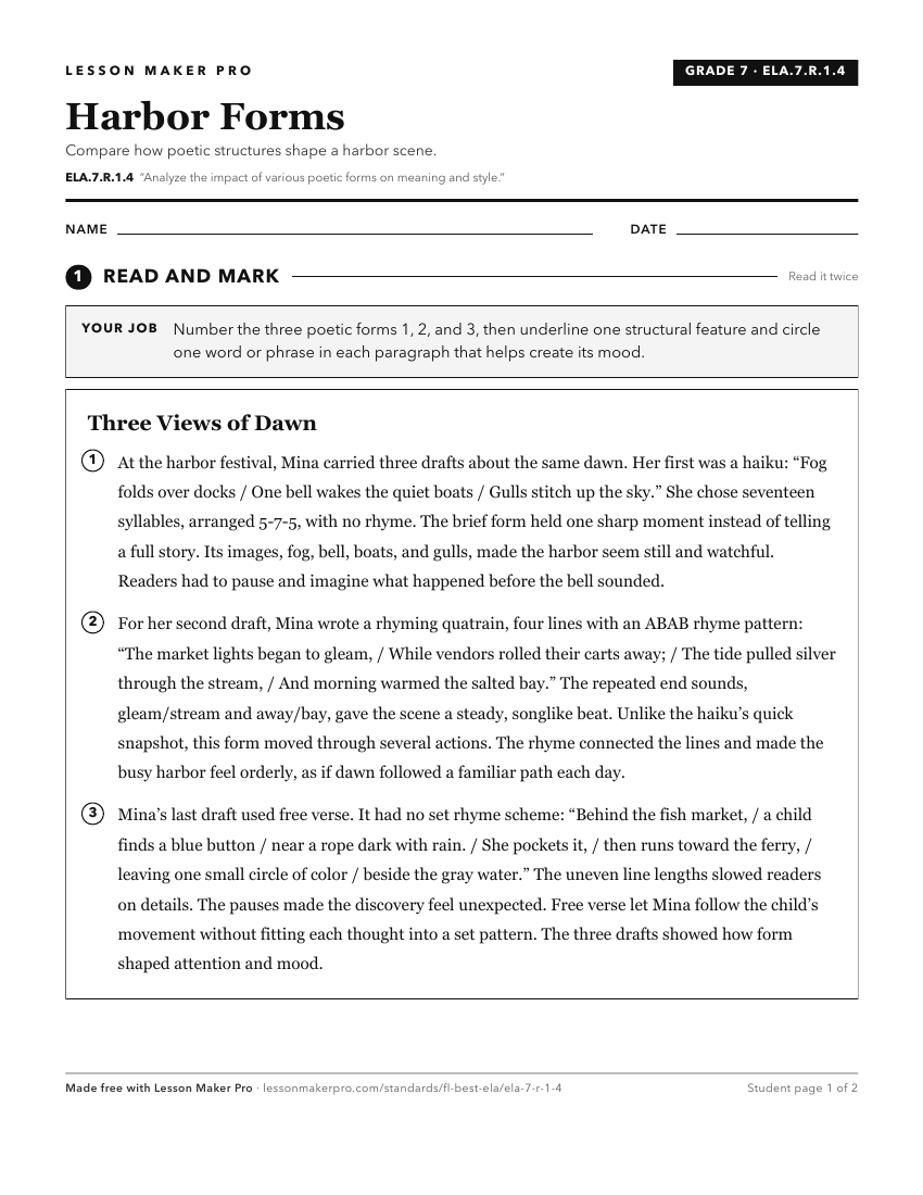 Preview of the ELA.7.R.1.4 printable worksheet