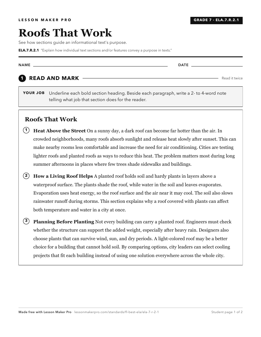 Preview of the ELA.7.R.2.1 printable worksheet