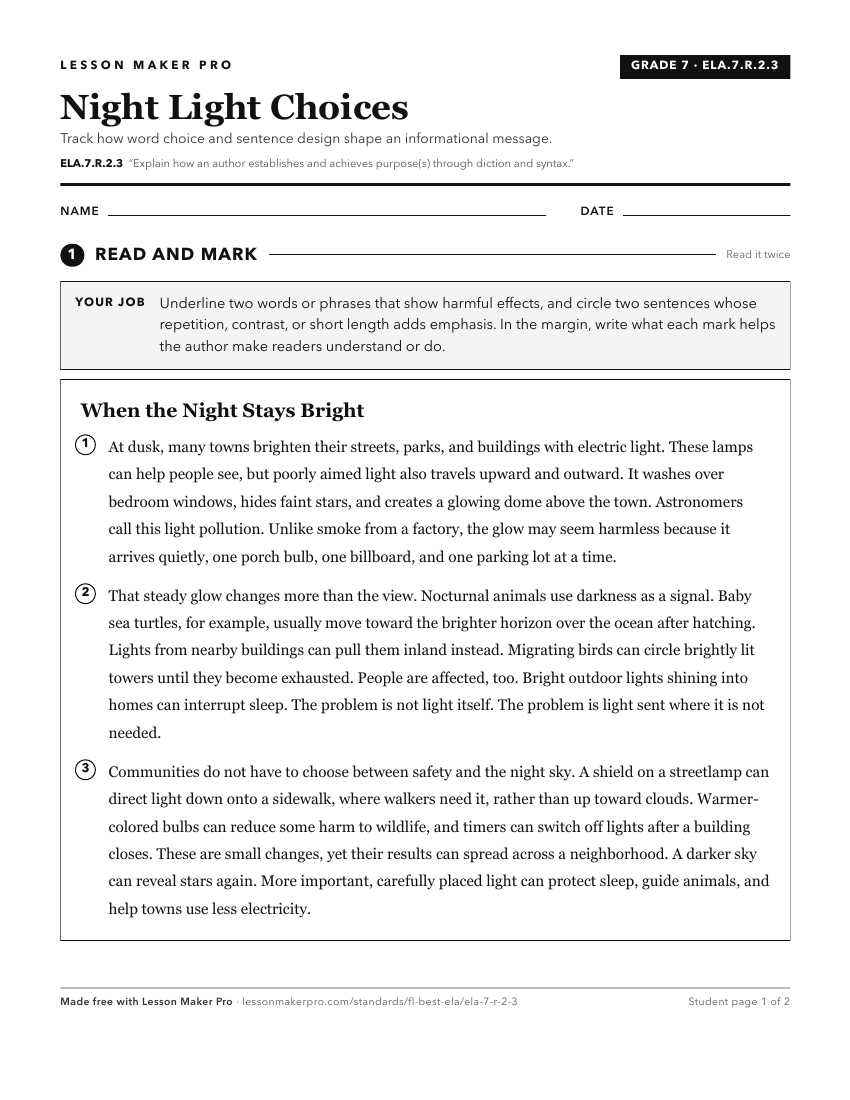 Preview of the ELA.7.R.2.3 printable worksheet