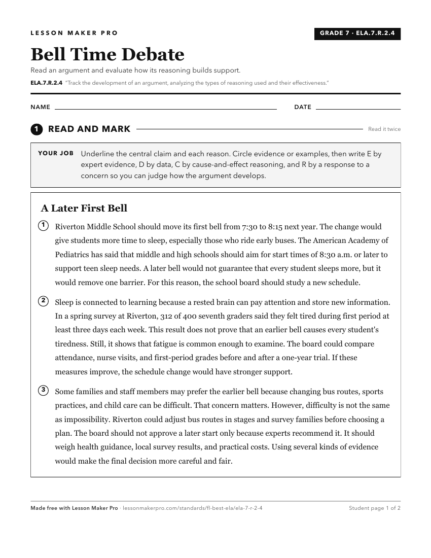 Preview of the ELA.7.R.2.4 printable worksheet
