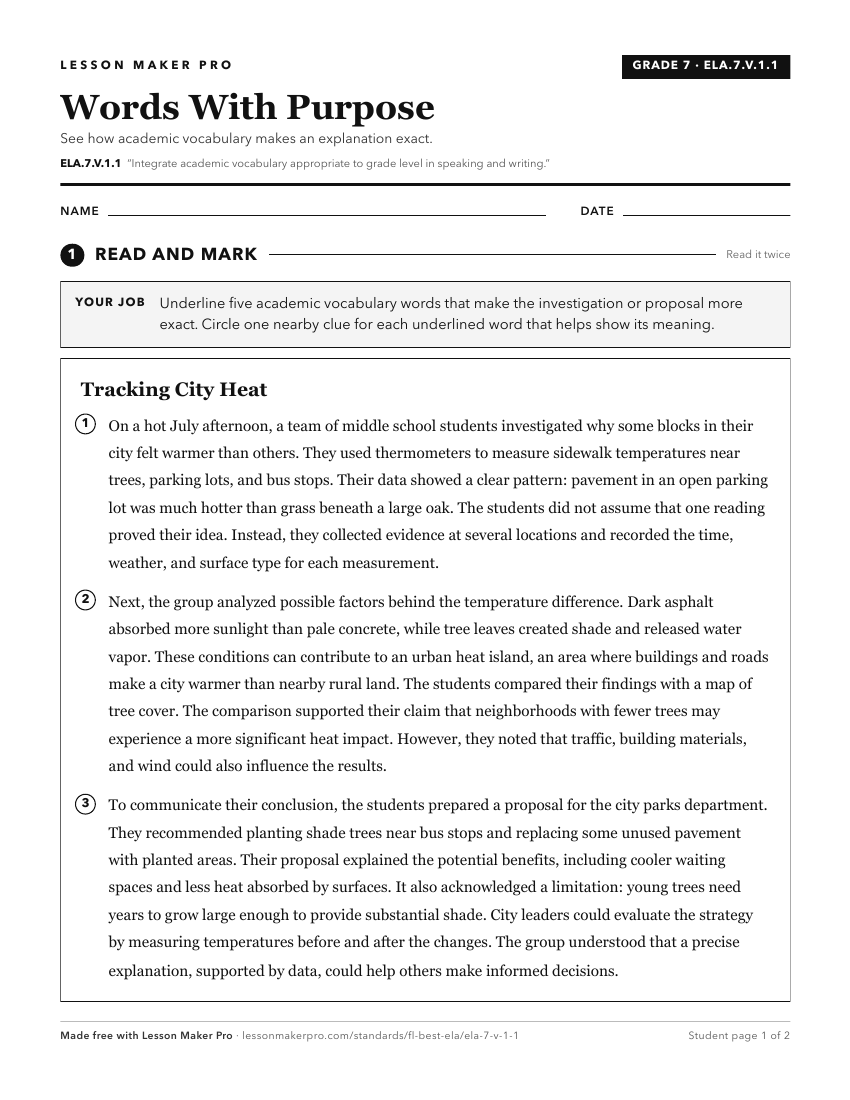 Preview of the ELA.7.V.1.1 printable worksheet