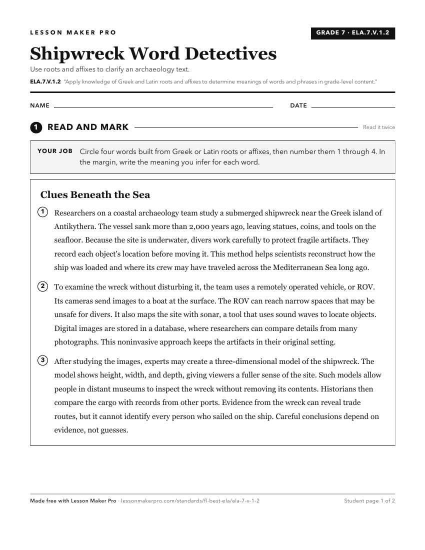 Preview of the ELA.7.V.1.2 printable worksheet
