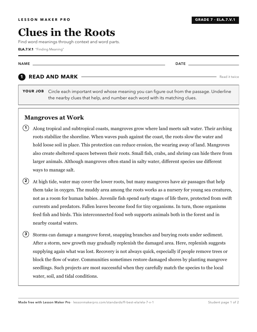 Preview of the ELA.7.V.1 printable worksheet