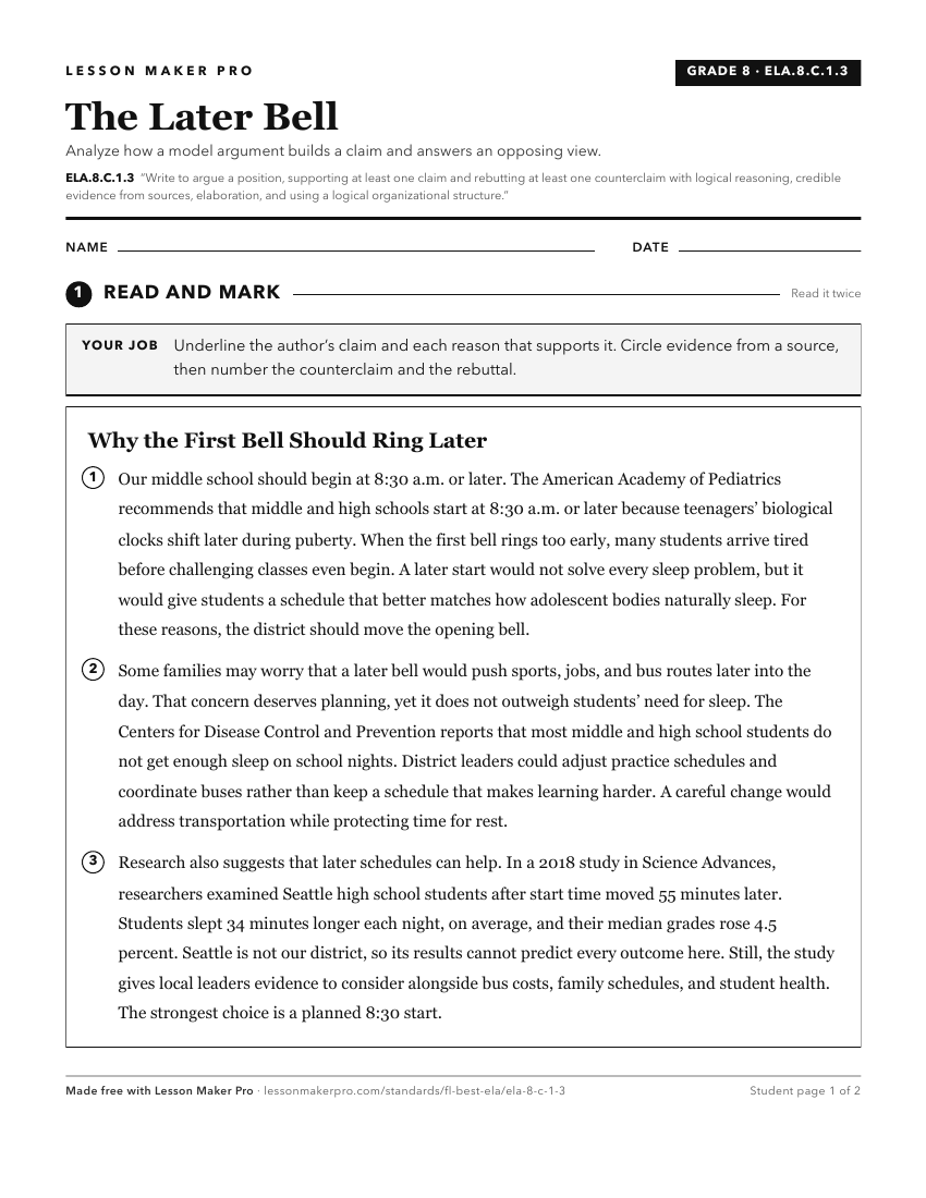 Preview of the ELA.8.C.1.3 printable worksheet