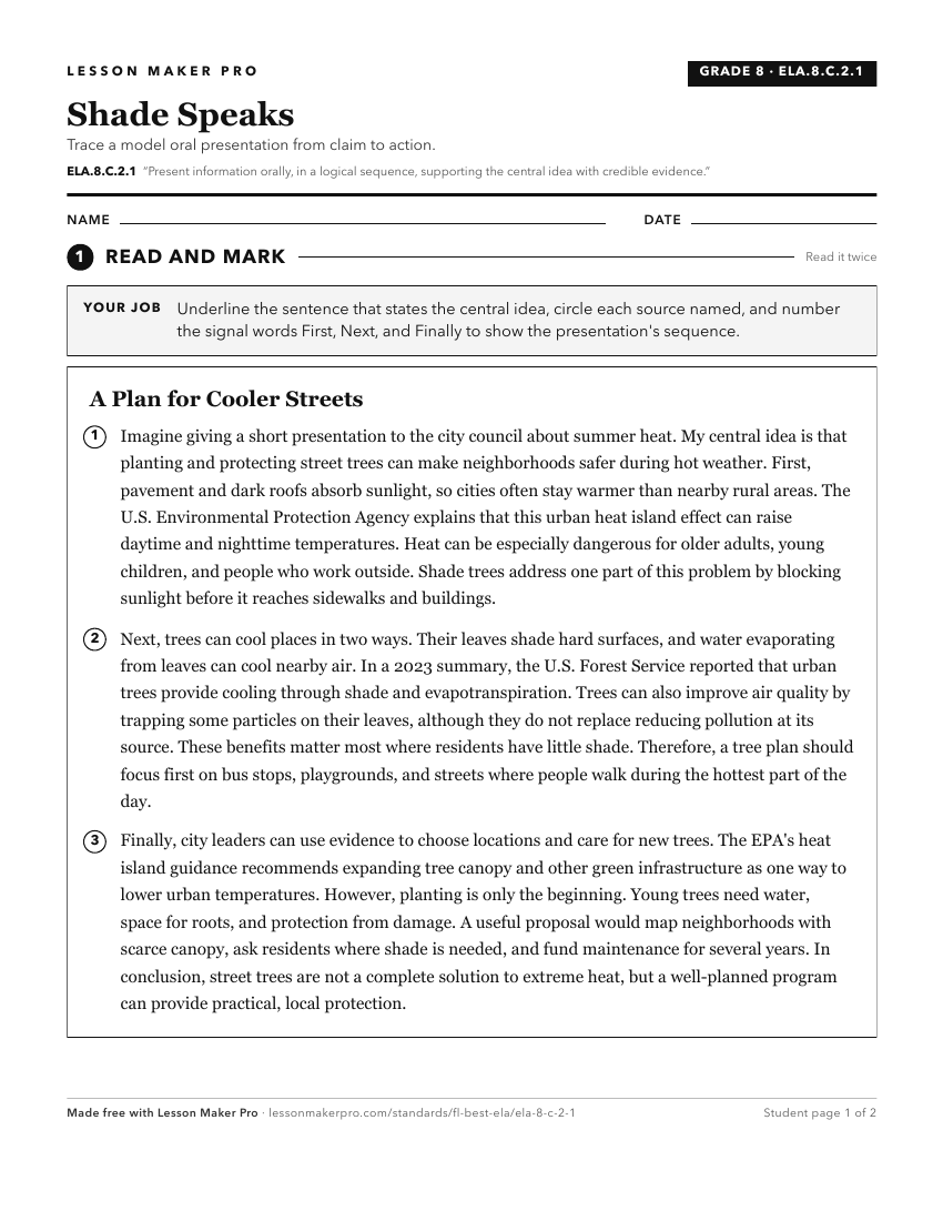 Preview of the ELA.8.C.2.1 printable worksheet