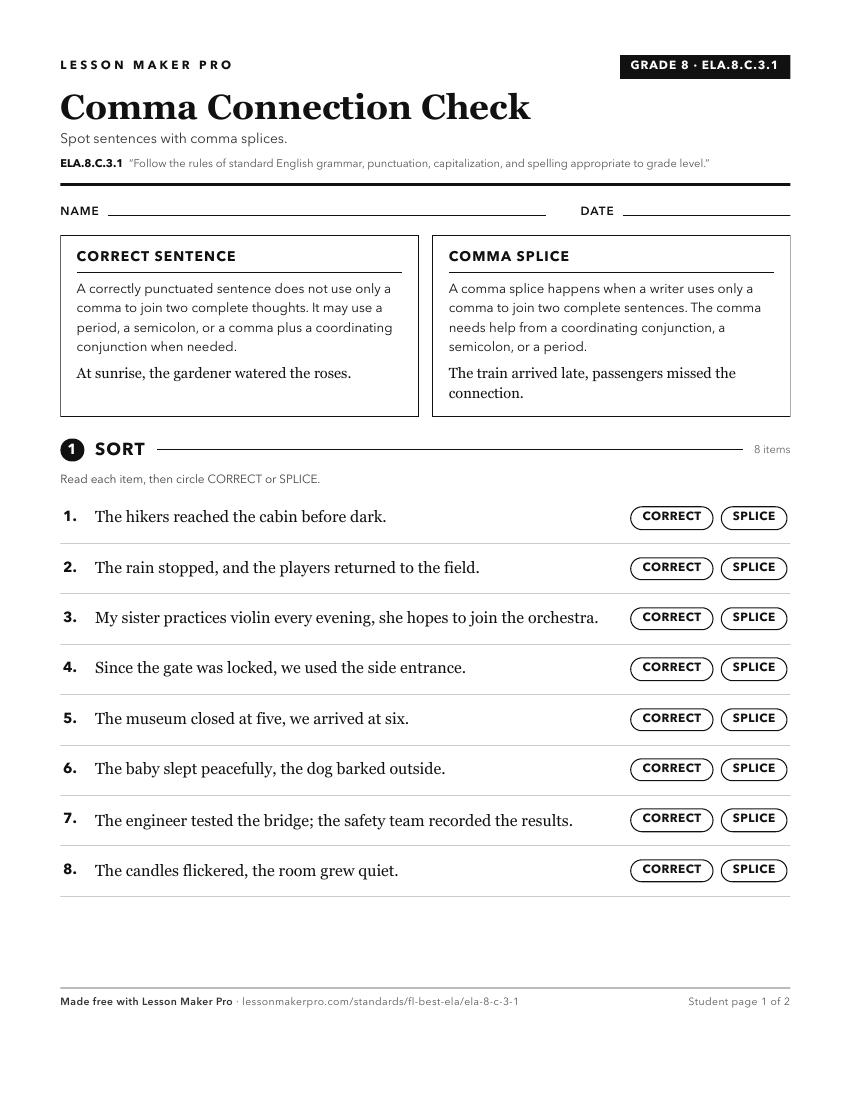 Preview of the ELA.8.C.3.1 printable worksheet