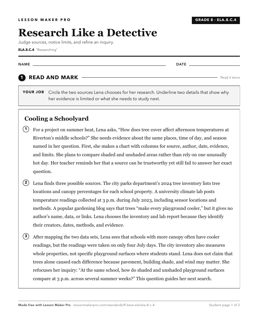 Preview of the ELA.8.C.4 printable worksheet
