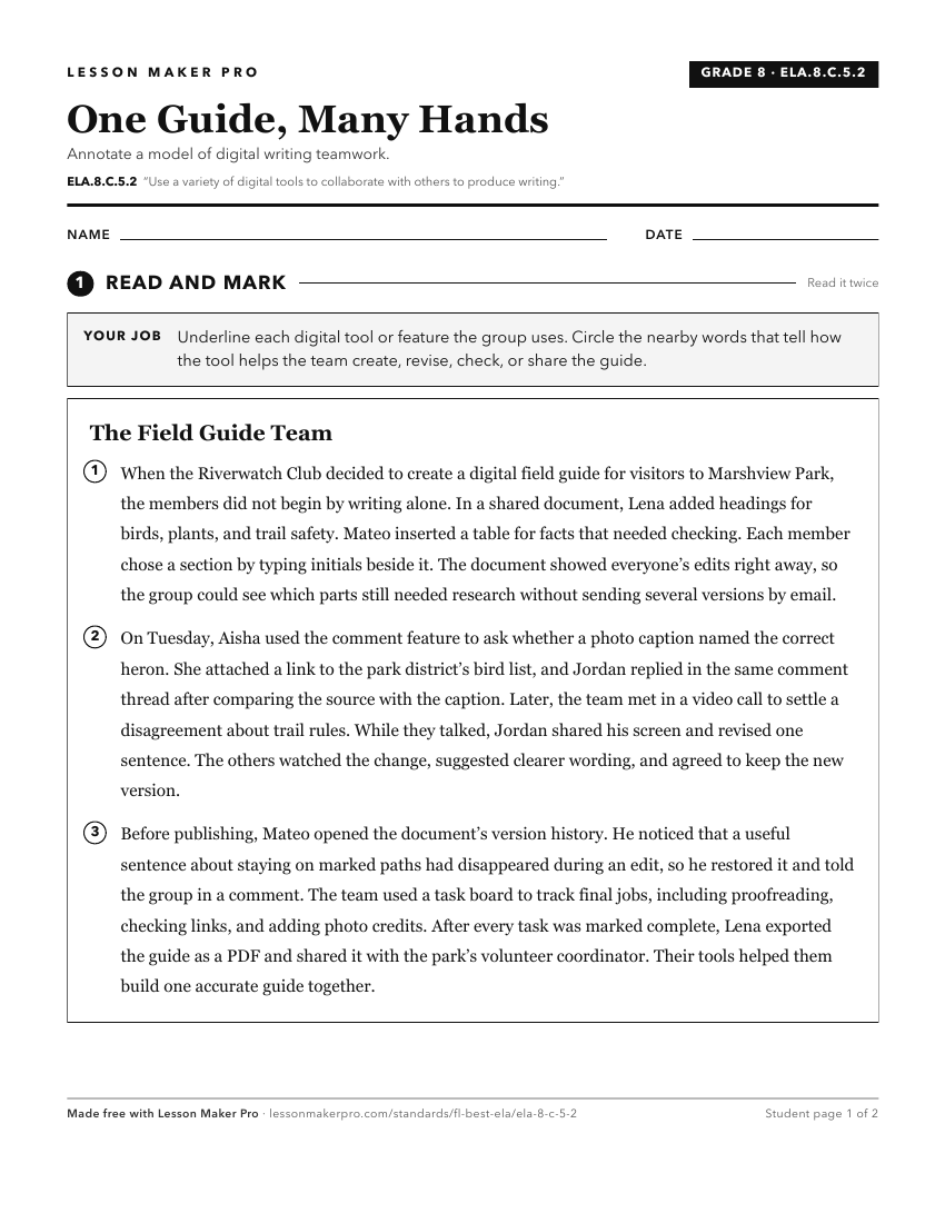 Preview of the ELA.8.C.5.2 printable worksheet