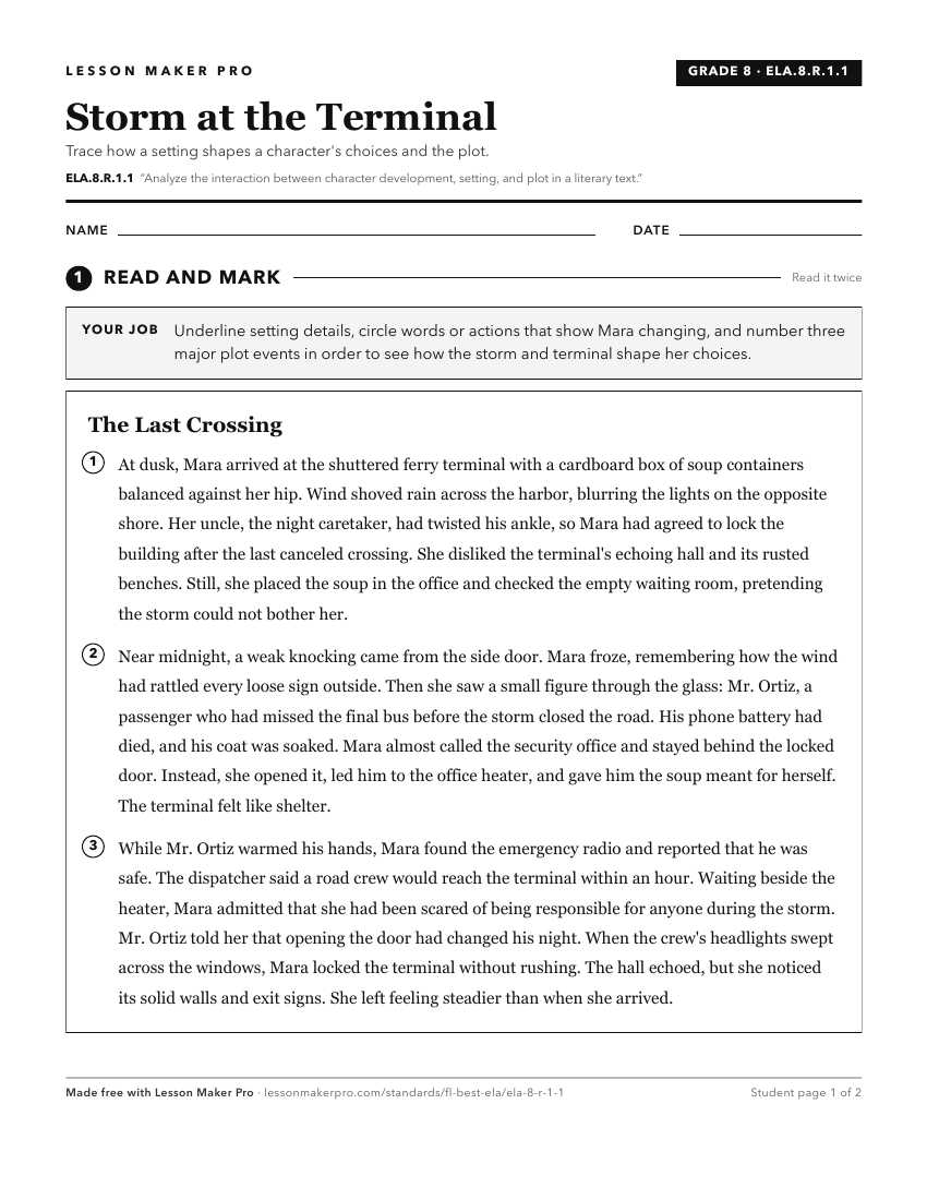 Preview of the ELA.8.R.1.1 printable worksheet