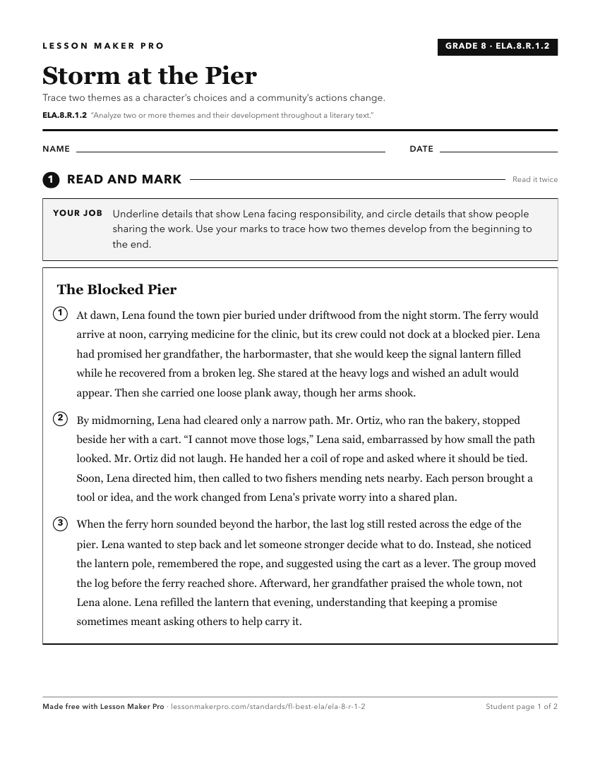 Preview of the ELA.8.R.1.2 printable worksheet