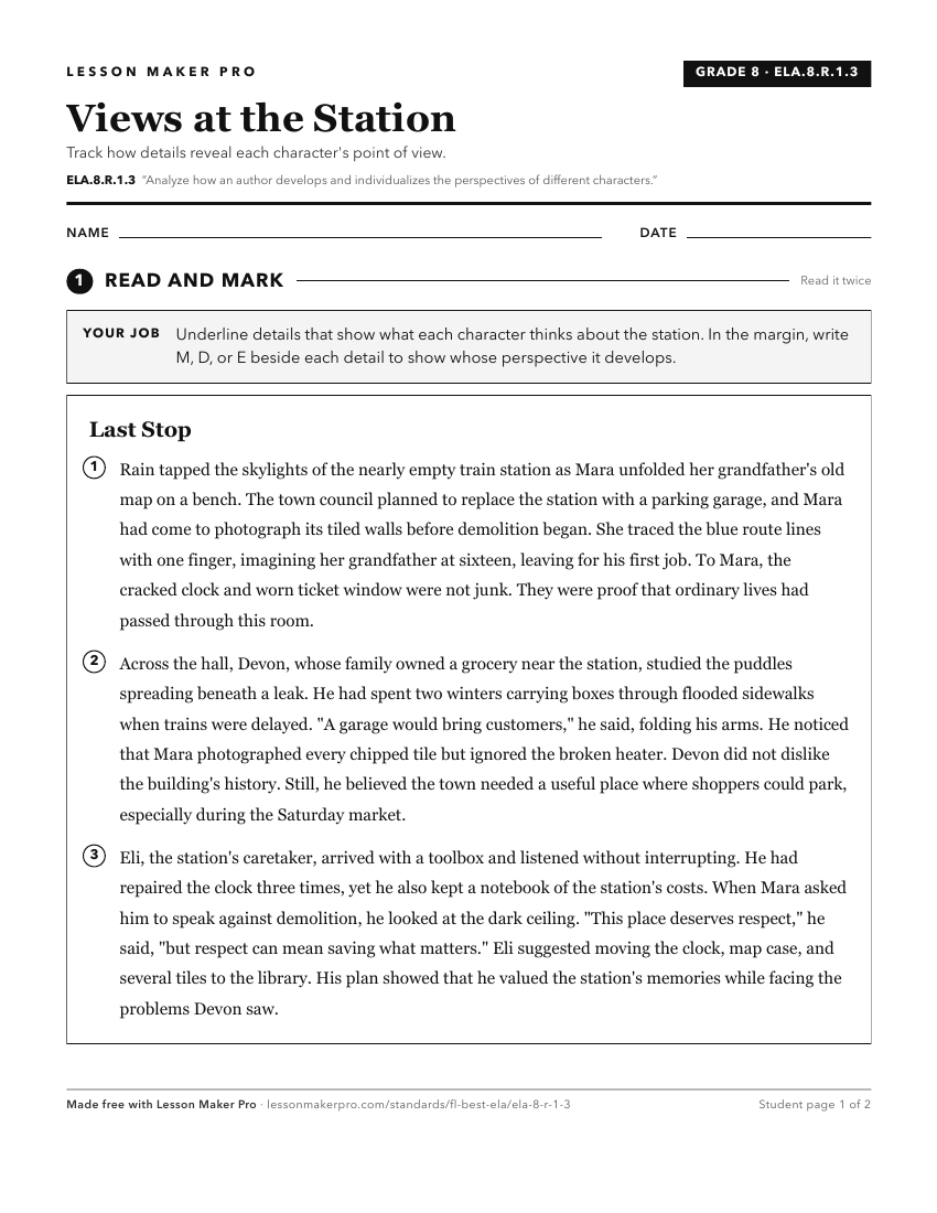 Preview of the ELA.8.R.1.3 printable worksheet
