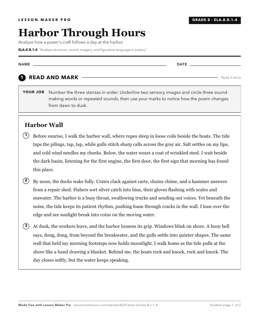 Preview of the ELA.8.R.1.4 printable worksheet