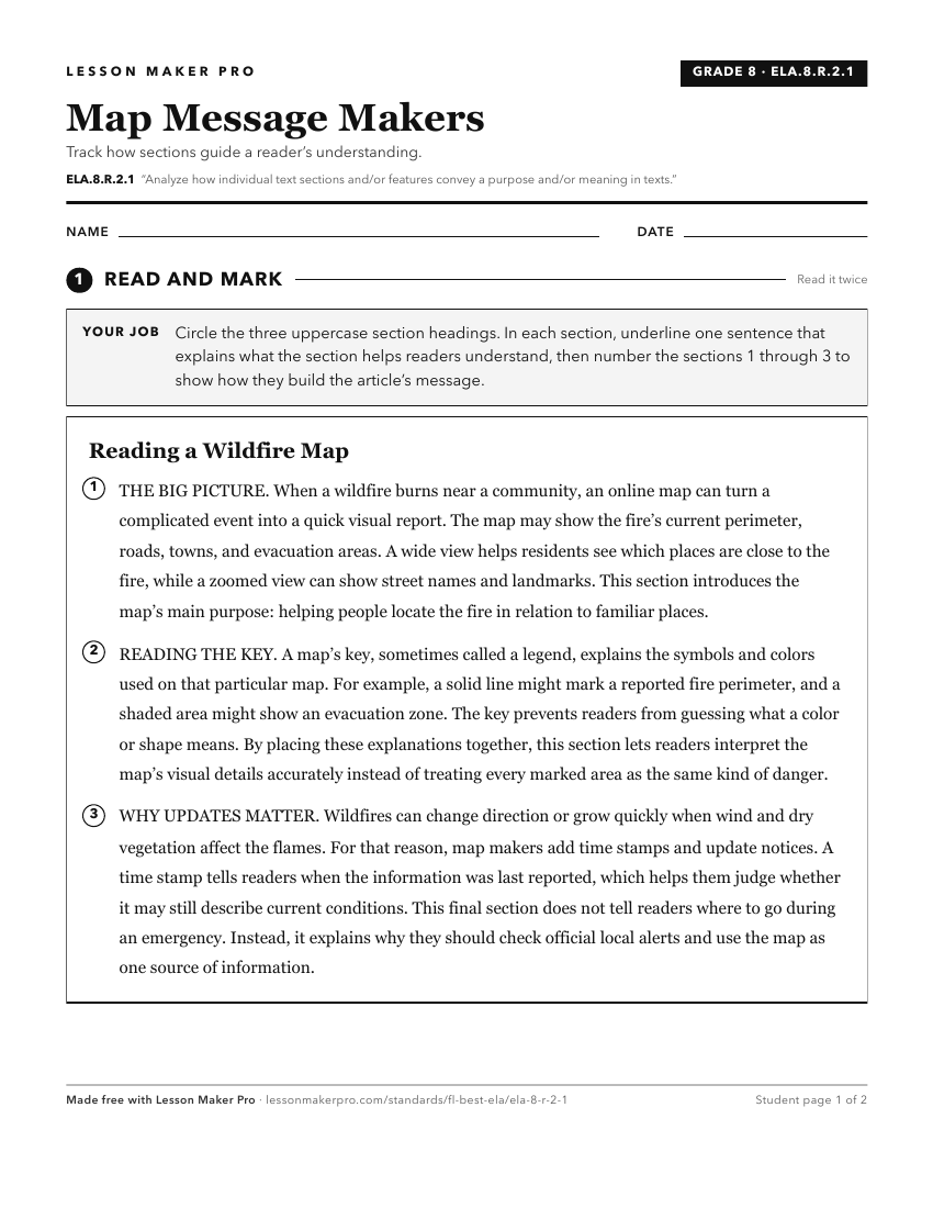 Preview of the ELA.8.R.2.1 printable worksheet