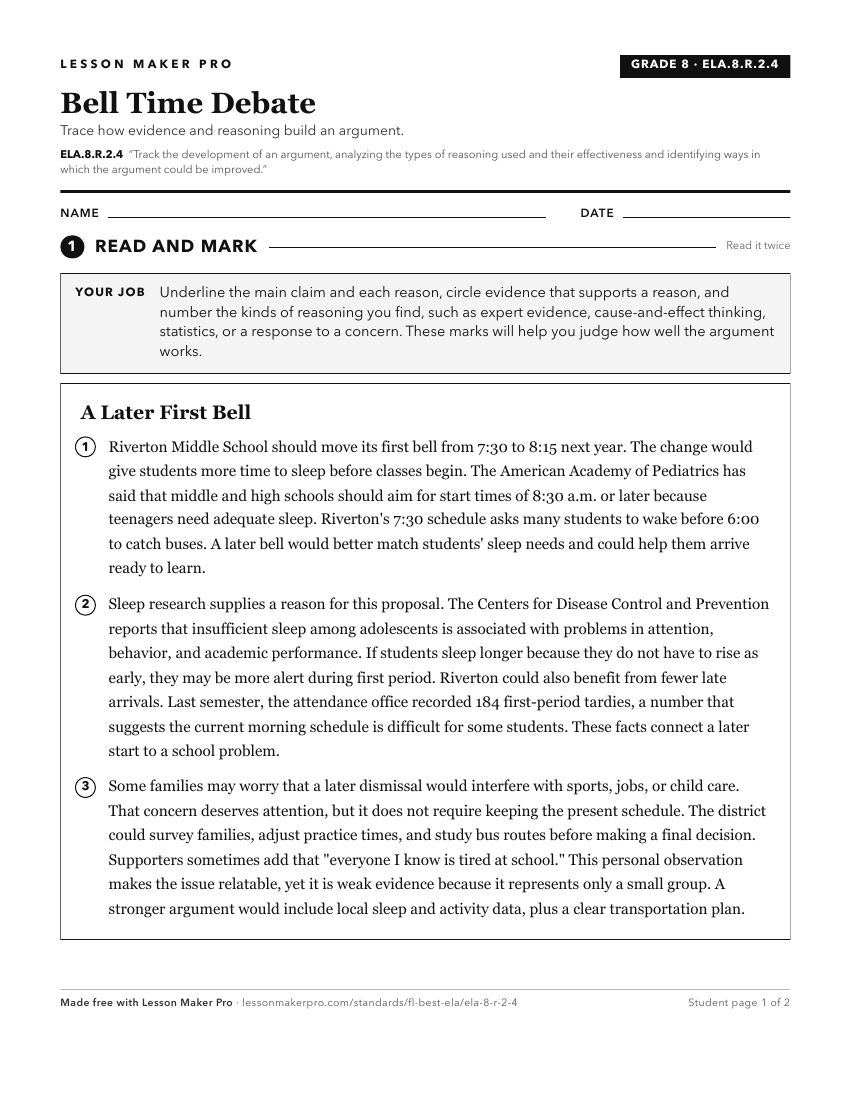 Preview of the ELA.8.R.2.4 printable worksheet