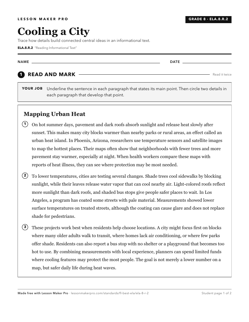 Preview of the ELA.8.R.2 printable worksheet