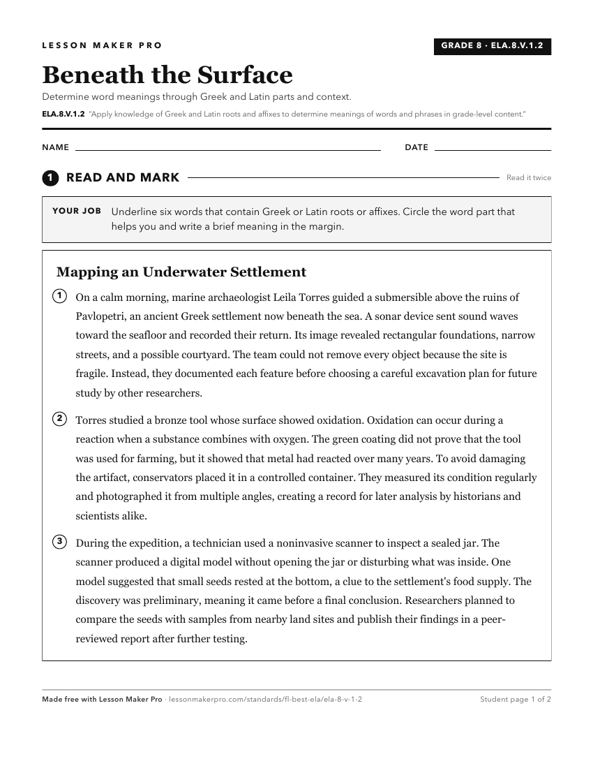 Preview of the ELA.8.V.1.2 printable worksheet