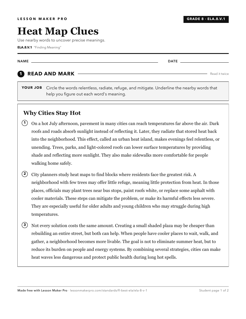 Preview of the ELA.8.V.1 printable worksheet