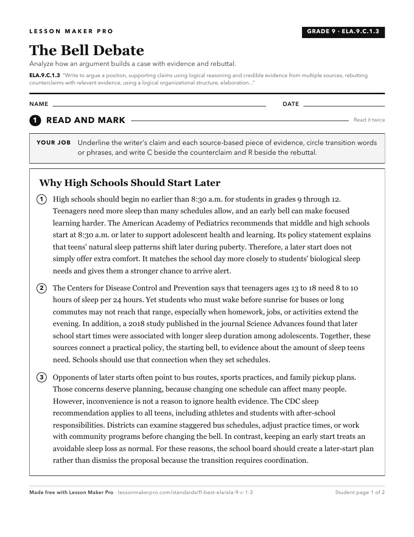 Preview of the ELA.9.C.1.3 printable worksheet