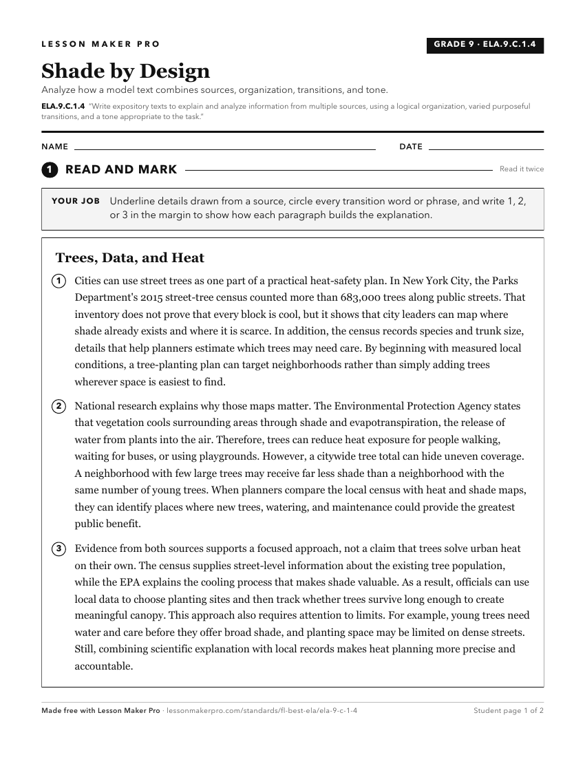 Preview of the ELA.9.C.1.4 printable worksheet