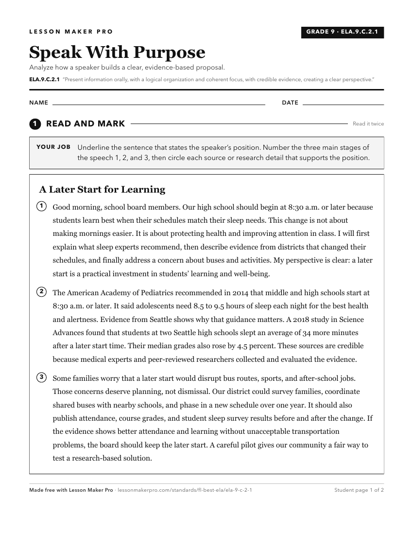 Preview of the ELA.9.C.2.1 printable worksheet