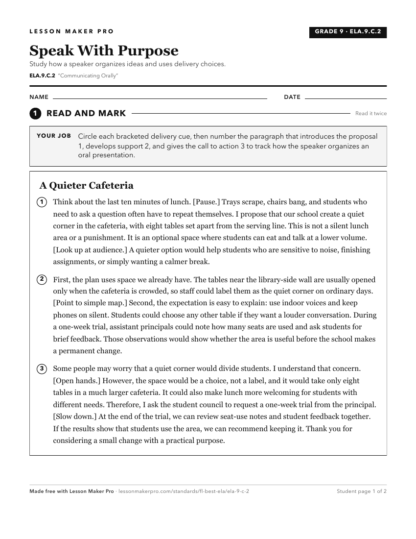 Preview of the ELA.9.C.2 printable worksheet