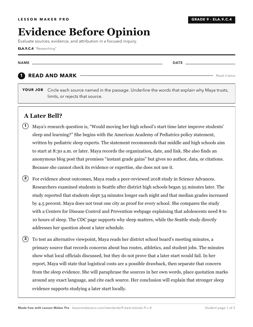 Preview of the ELA.9.C.4 printable worksheet
