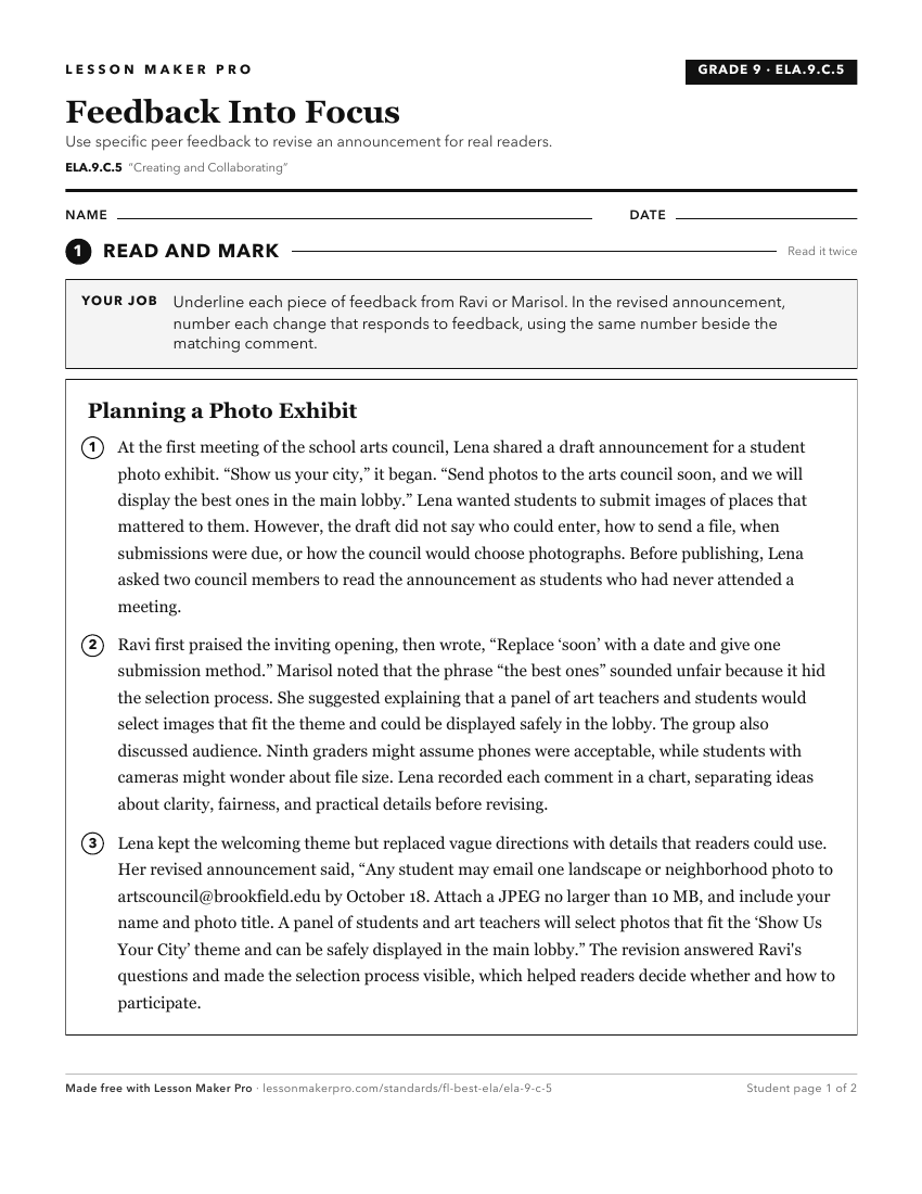 Preview of the ELA.9.C.5 printable worksheet