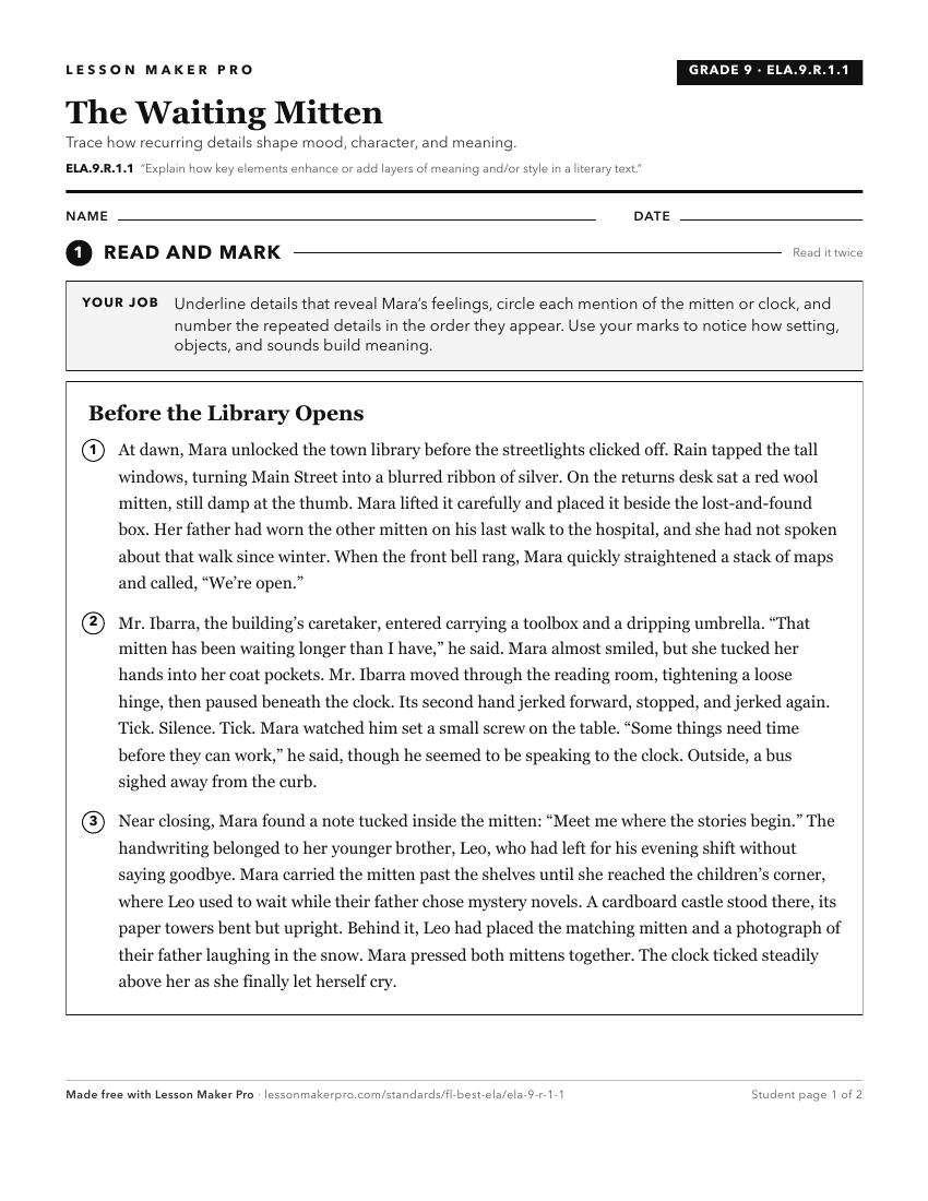 Preview of the ELA.9.R.1.1 printable worksheet