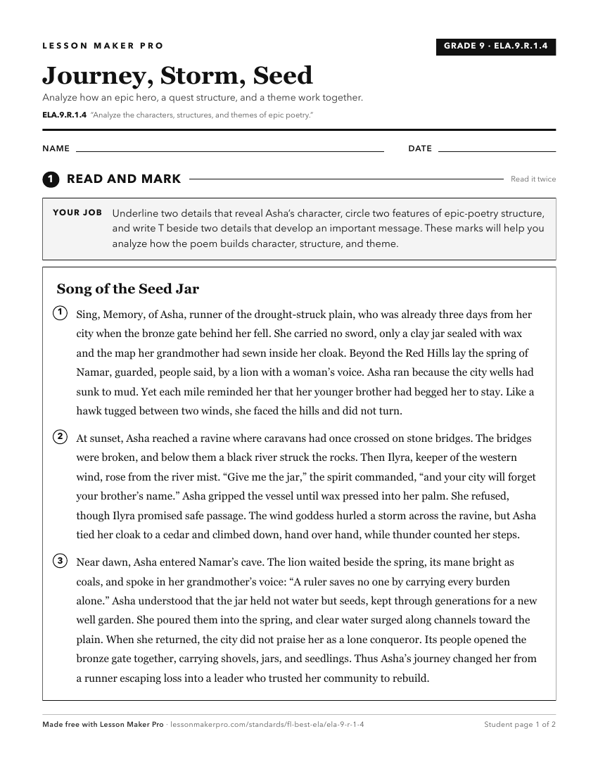 Preview of the ELA.9.R.1.4 printable worksheet