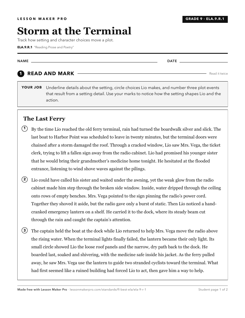 Preview of the ELA.9.R.1 printable worksheet