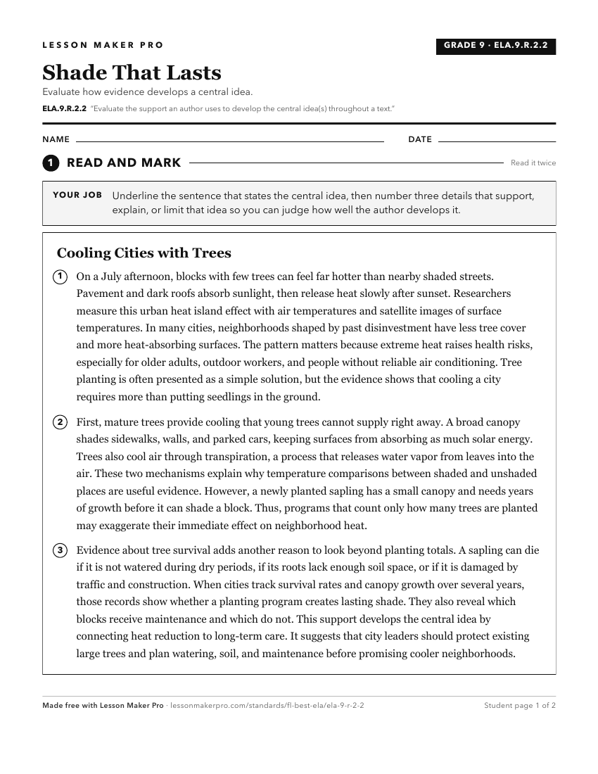 Preview of the ELA.9.R.2.2 printable worksheet